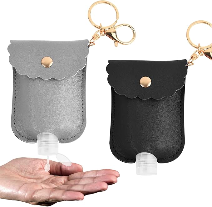 2Pcs Reusable Hand Sanitizer Holder, Portable Leather Leakproof Hand Sanitizer Keychain for Travel Outdoor (Grey+Black)