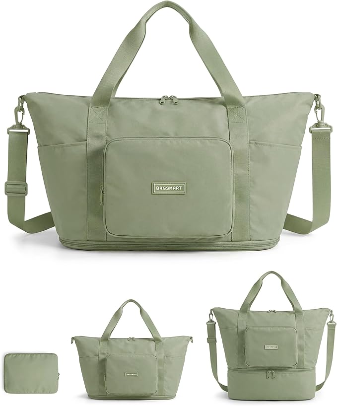 BAGSMART Foldable Travel Bag, 37L Expendable Personal Item Bag, Lightweight Weekender Bags for Women, Water Resistant Extra Carry on for Travel, Grayish Green