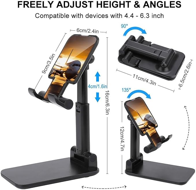 Adjustable Cell Phone Stand for Desk Foldable Mobile Airplane Phone Holder Cradle Dock Fit 4.0-8.0 Inch Smartphones Portable Travel Essentials Office Desktop Accessories Decor