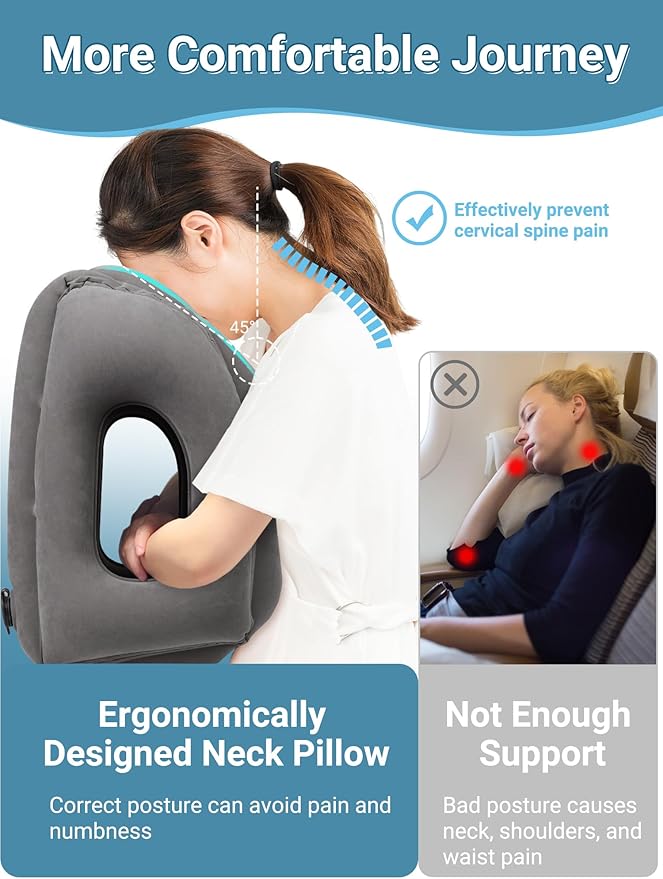 Maliton Inflatable Travel Pillow for Airplane Comfortable Sleeping to Relieve Neck and Shoulder Pain,Support Head Inflatable Pillow for Long Flights, Used for Airplanes,Cars,Trains(Dark Grey)