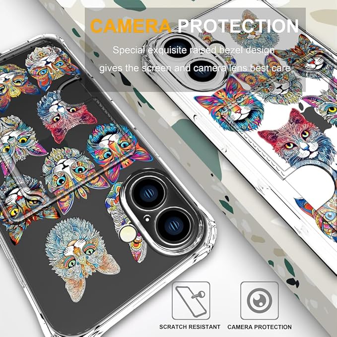 Compatible with iPhone 17 Case Card Holder for Women Cute Design,Wallet Phone Cases Transparent Cool Kawaii Protective (Clear Tattoo Cats Animal)