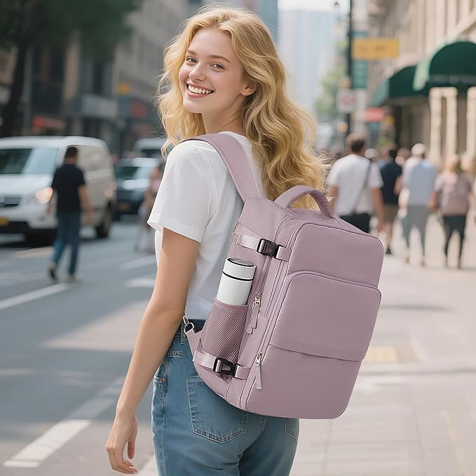 Sinaliy Travel Backpack, Carry on Flight Approved Backpack with Multi-Pockets, TSA Waterproof 17.3inch Laptop Backpack, Personal Item Travel Bag for Men Women, Light Purple