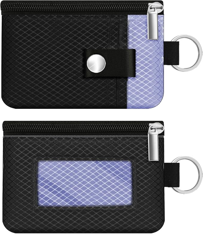 Minimalist RFID Blocking Small Wallet with ID Window,WaterResistant Zip Id Case Wallet with Lanyard Keychain for Cards,Cash,Travel,Women,Men (Black/Lavender Purple)