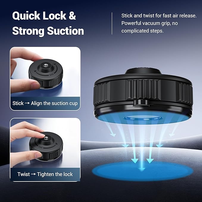 JJC Portable Camera Suction Cup Mount with 1/4" Female Hole, Twist-Lock Vacuum Suction Mount Compatible with DJI Pocket 4/3, Action 6/5 Pro/4, Gopro Hero 13, Insta360 X5 & Phones for Video Recording