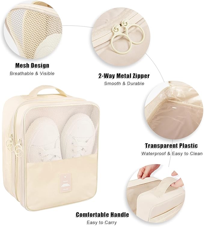 Travel Shoe Bag Waterproof Shoe Organizer Bag Holds 3 Pair of Shoes Shoe Packing Cube for Suitcase Travel and Daily Use Storage Pouch with Handle (Beige)