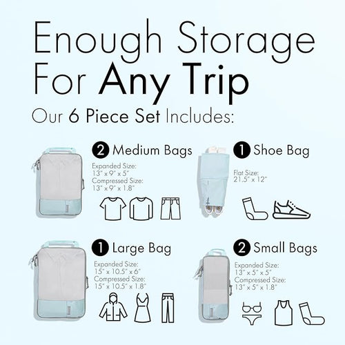 (Not Made In China) Compression Packing Cubes For Travel, Suitcase and Luggage Space Saver Organizer Bags, Lightweight, Waterproof, Durable, 6pc Set, Blue