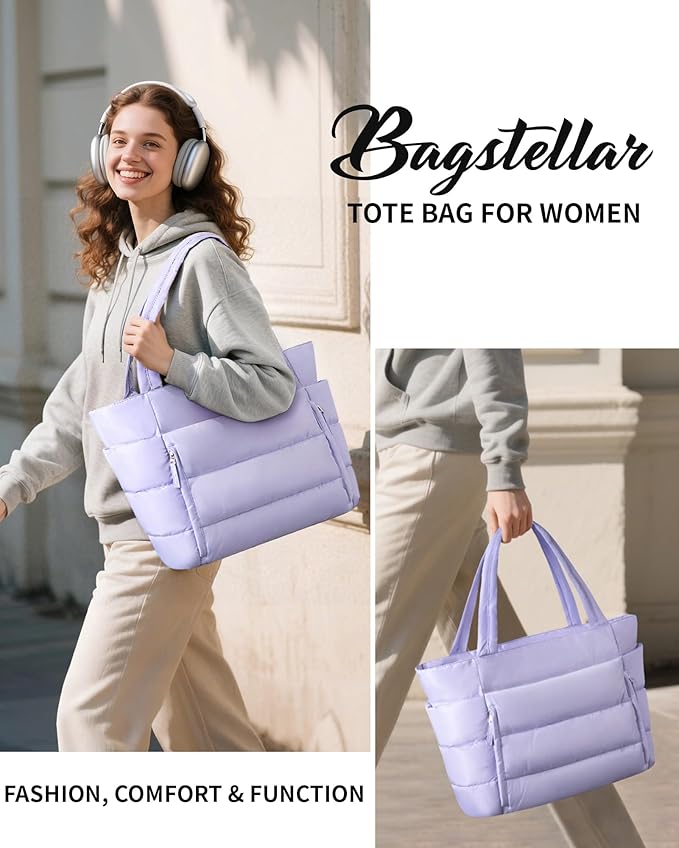 Bagstellar Puffer Tote Bag for Women, Lightweight Puffy Work Handbag Teacher Nurse Quilted Shoulder Bag for School Travel Gym | Cloud Bag w/ Zipper, Daily College Bags, 15.6" Computer Bag, Clinical Nursing Bag, 40 OZ Tumbler Holder, Ideal Gift for Women