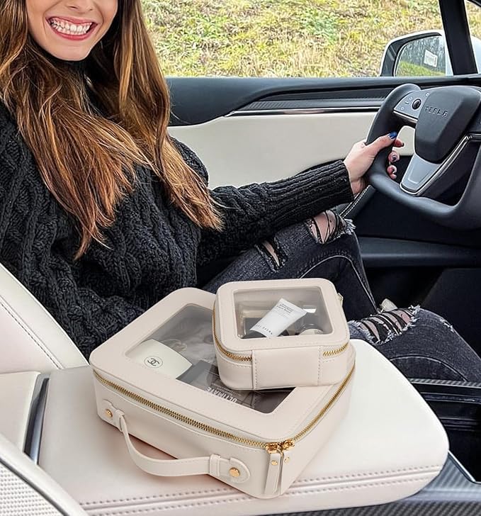 LETGO 2Pack Leather Clear Makeup Bags with Zipper Toiletry Bags for Car Essentials PVC Transparent Storage Pouch Travel Portable Lipstick Bag Organizer for Women (Mini+Large Beige)