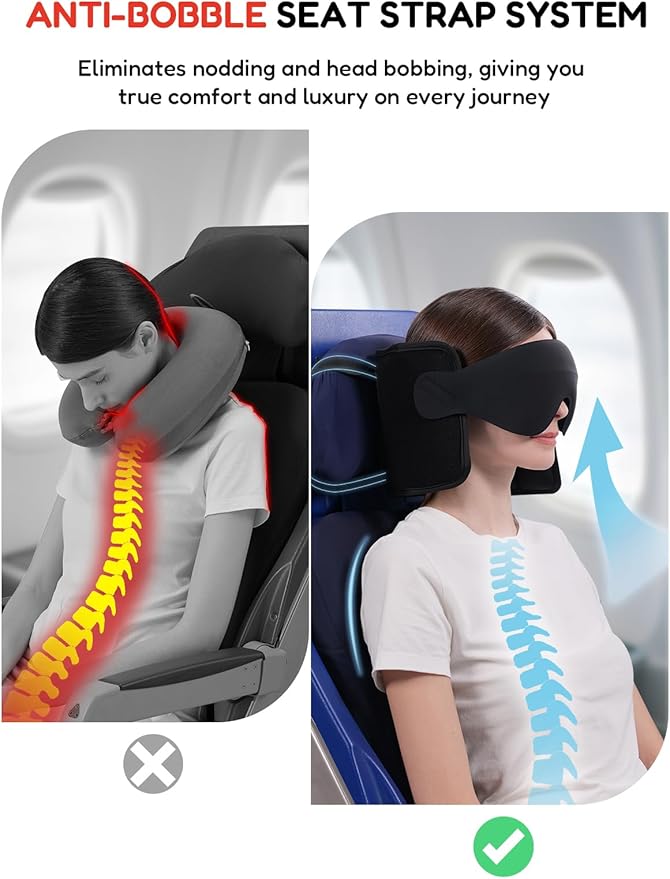 Travel Pillow for Airplane, Travel Pillow with Seat Strap and 3D Eye Mask to Firm Head, 360°Support Headrest No Bobblehead, Travel Essentials for Long Flight,Car Road Trip,Mottled Red