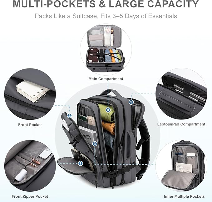 BAGOK Carry On Travel Backpack, 35L-40L Expandable Extra Large Airline Approved,Lightweight Daypack for Men and Women（Gray）