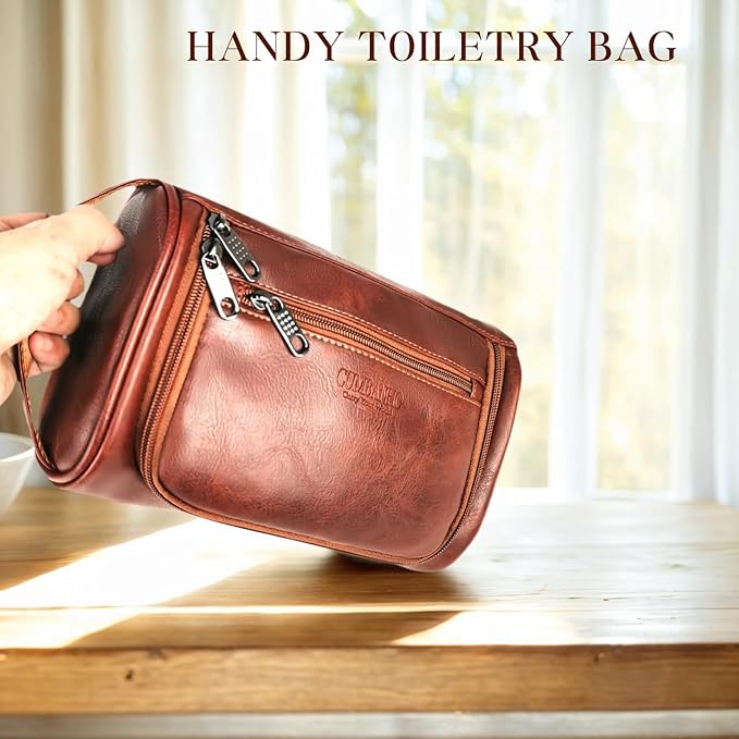 Mens Toiletry Bag,Compact Dopp Kit for Men Travel, PU Leather Shaving Kit, Water-Resistant Minimalist Organizer with Wrist Strap, Travel Toiletry Bag, Gift for Men,Large 10x6.5x4 Mocha Brown