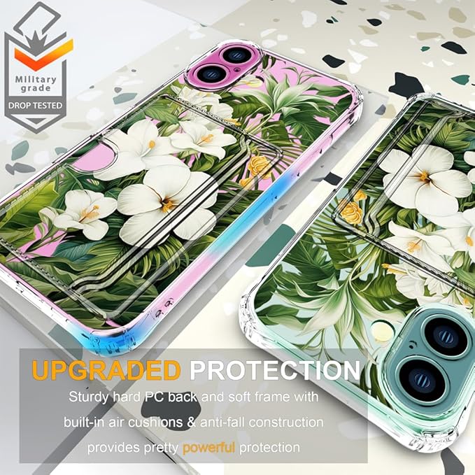 Compatible with iPhone 16 Plus Case Card Holder for Women Cute Design,Wallet Phone Cases Transparent Cool Kawaii Protective (Clear Green Flowers Tropical Jungle)