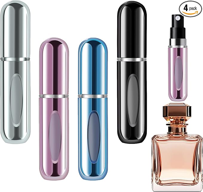 opasyo 4 Pcs Mini Refillable Perfume Portable Atomizer Bottle, 5ml Bottom-Fill Perfume Spray Scent Dispenser, Leak-Proof Travel Pump for Cologne, Aftershave & Purse (Silver/Pink/Blue/Black/)