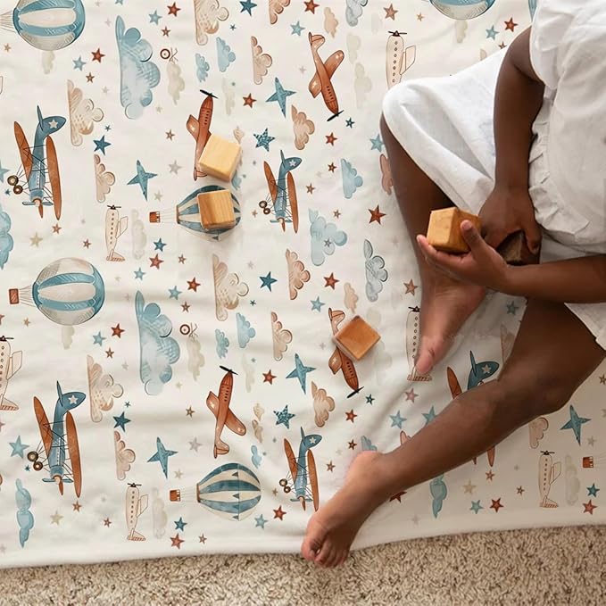Unisex Plane Hot Air Balloon Prints Baby Nursery Throw Gift Blanket for Boys Girls, Aircraft Transportation Clouds Stars Pattern Swaddle Receiving Bed Blanket for Newborn Toddlers Kids-60x80