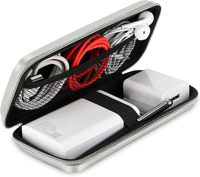 iMangoo Travel Essential Electronics Organizer Pouch Charger Case, Shockproof Dual Zipper Power Bank Cables Tech Accessories Purse, Men & Women Travel Must Have Storage Bag, 6.5x3.2x1 inch Silver