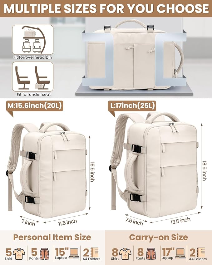 Pritent Travel Backpack for Women Man, Waterproof Personal Item Travel Bag Airline Approved Laptop Backpack Bookbag Weekender bags for Business,Travel, Work Fits 15.6 inch Laptop(Medium,Beige)