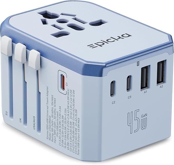 EPICKA Universal Travel Adapter GaN 45W, European Travel Plug Adapter with PD&QC Fast Charging(2 USB-A & 3 USB-C Ports) - Worldwide Travel Essentials, International Power Adapter for UK/US/AU