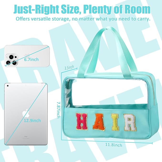 BuyCard Chenille Letter Patch Clear Travel Bags, Preppy PVC&Nylon Makeup Bag with Handle and Zipper, Waterproof Large Clear Travel Toiletry Bag Storage Bag for Women Girls