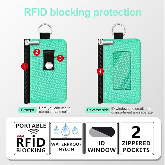 Minimalist RFID Blocking Small Wallet with ID Window,WaterResistant Zip Id Case Wallet with Lanyard Keychain for Cards,Cash,Travel,Women,Men (Mint Green)