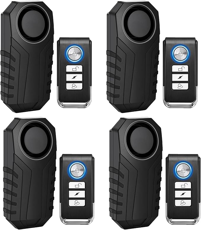113dB Bike Alarm, Wireless Vibration Motion Sensor Waterproof Motorcycle Alarm with Remote, Anti-Theft Vibration Bicycle Alarm Waterproof Vehicle Security Alarm System, 4 Pack