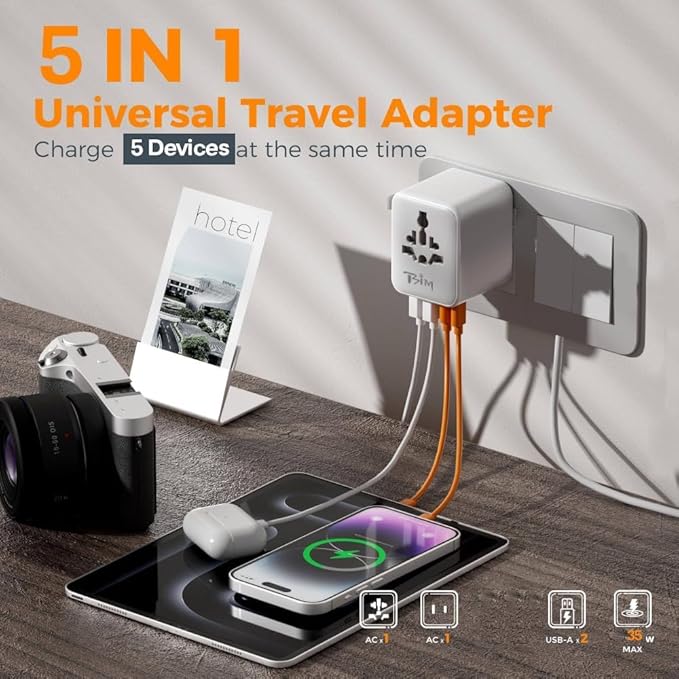 TSIM Universal Travel Adapter 35W 10A | 2 USB-A, 2 USB-C Ports Fast Charging PD 3.2 All in One International Power Adapter Plug USA EU UK AU JP Quick Wall Charger Worldwide Travel Essentials CE RoHS