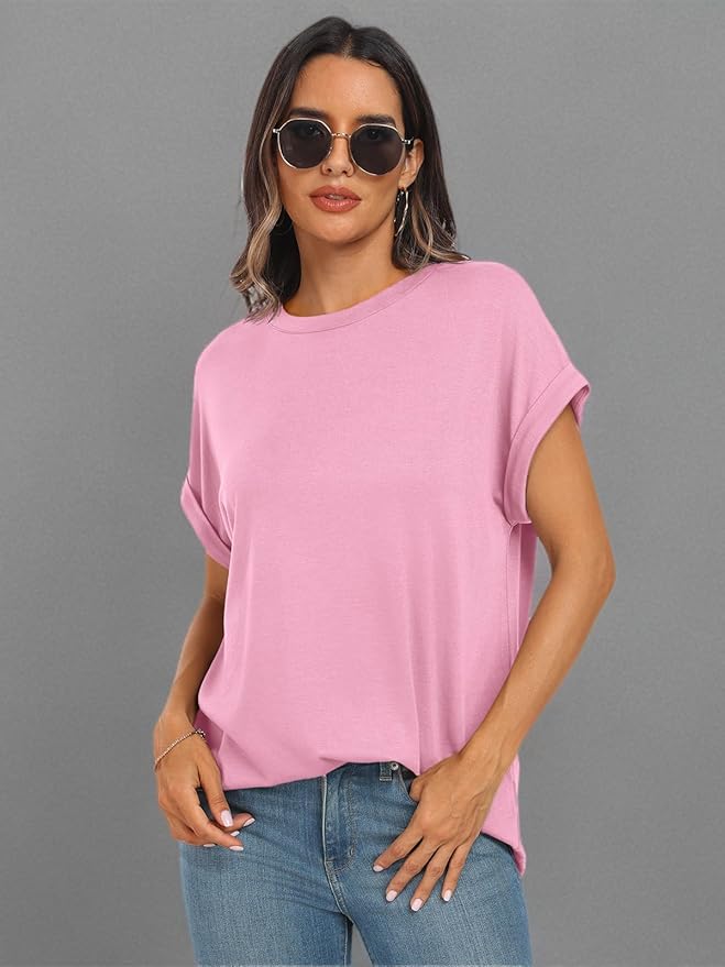 AUTOMET Women's Oversized Short Sleeve T Shirts Casual Drop Shoulder Rolled Cuff Summer Tops for Work, Travel and Lounge