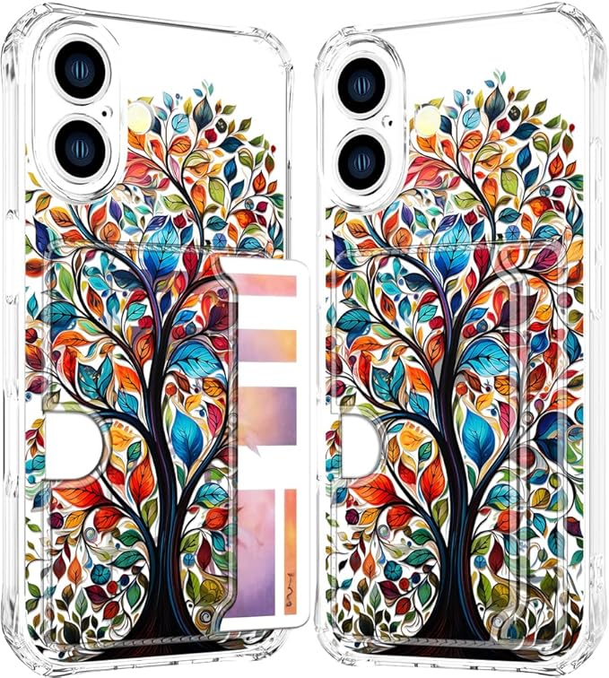Compatible with iPhone 16 Case Card Holder for Women Cute Design,Wallet Phone Cases Transparent Cool Kawaii Protective (Clear Tree Colorful Leaves)