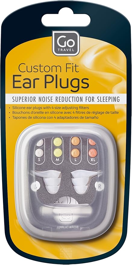 Custom Fit Ear Plugs, Noise-Reducing Ear Plugs for Sleeping, 4 Size-Adjusting Filters, Silicone Body, Carry Case Included, 1 Pair, Travel Essentials