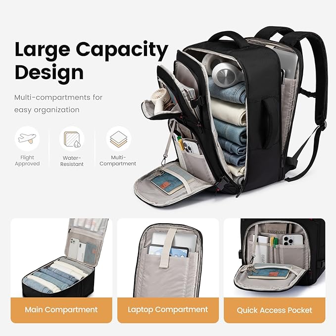 LOVEVOOK 40L Travel Backpack for Men, Airline Approved Carry On Bag with 3 Packing Cubes, TSA Overnight Bags, Waterproof Personal Item Bag, Weekender Essentials Backpacks fits 17.3" Laptop