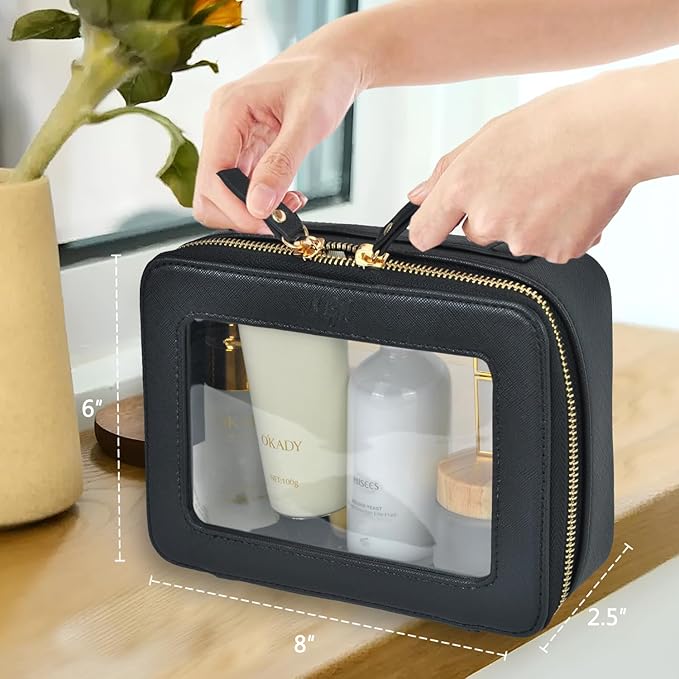 NGIL Clear Faux Leather Travel Toiletry Bag, Makeup Bag Organizer for Women, Clear Window & Gold Zipper Makeup Bag, Road Trip Essential, Skincare, Cruise Ship Essentials (Black)