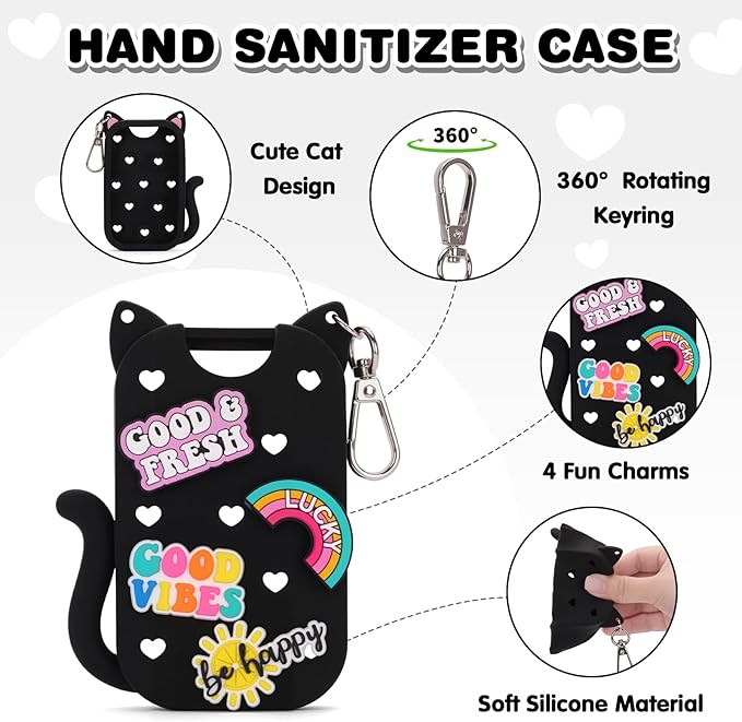 Silicone Case Holder Compatible with Hand Sanitizer Spray Touchland 1 fl oz, Cute Cat Ear Protective Case with Keychain & 4 Decorative Charms (Black, 1P)