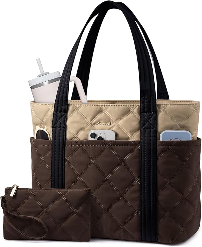 LOVEVOOK Puffer Tote Bag for Women, Puffy Work Handbag with Cup Holder, Travel Carry On Bag with Zipper for Teacher Nurse Gym
