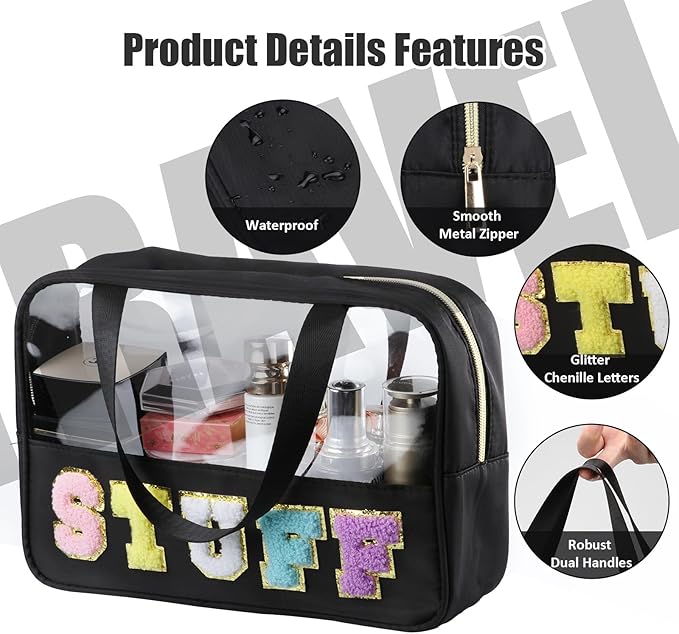 BuyCard Chenille Letter Patch Clear Travel Bags, Preppy PVC&Nylon Makeup Bag with Handle and Zipper, Waterproof Large Clear Travel Toiletry Bag Storage Bag for Women Girls