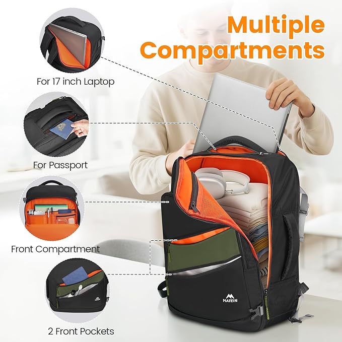 MATEIN Carryon Backpack for Travel with Tech Organizer, Lightweight Frontier Personal Item Bag with Shoe Compartment for Flight Essential, 17 inch Travel Laptop Backpack Airline Approved for Weekender
