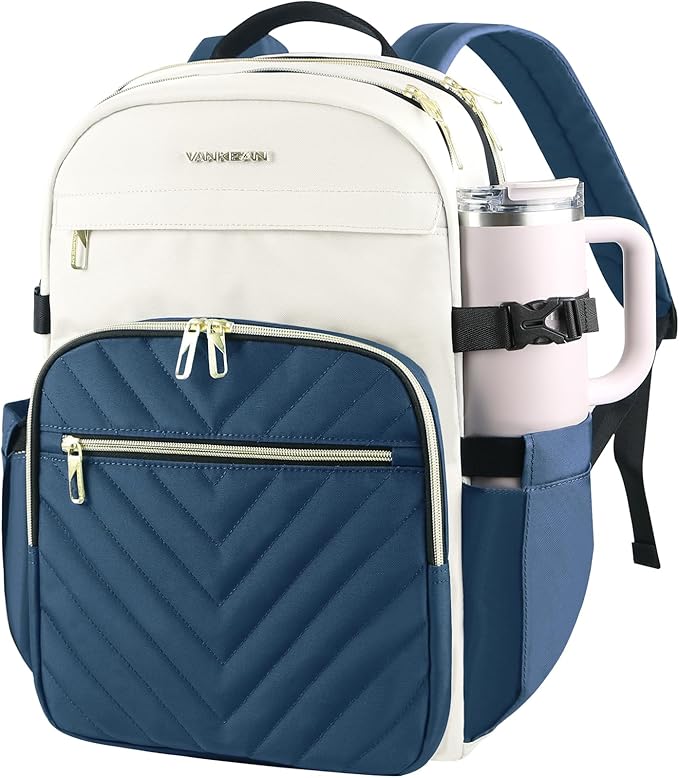VANKEAN Laptop Backpack for Women with Pouch Pocket for Large Capacity Tumbler, 15.6 Inch Laptop Computer Bag Travel Backpack Purse,Waterproof Work Business College Teacher Bags, Beige-Haze blue