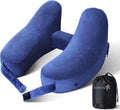 Sunany Travel Neck Pillow for Airplane Pillow Comfortably Supports Head, Neck and Chin, Inflatable Travel Pillow with Soft Velour Cover and Portable Drawstring Bag (Black) (Blue, H)