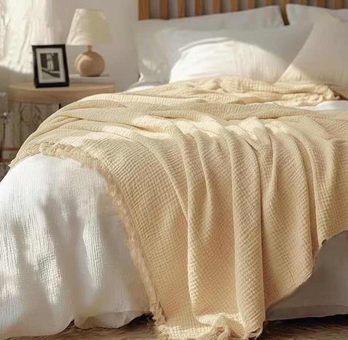 KyraHome 100% Organic Cotton Throw Blankets for Adults, Pre-Washed Plant Dyed, Women, Lightweight Breathable, Soft Gauze Blanket for Couch, Summer, All Season, Creamy