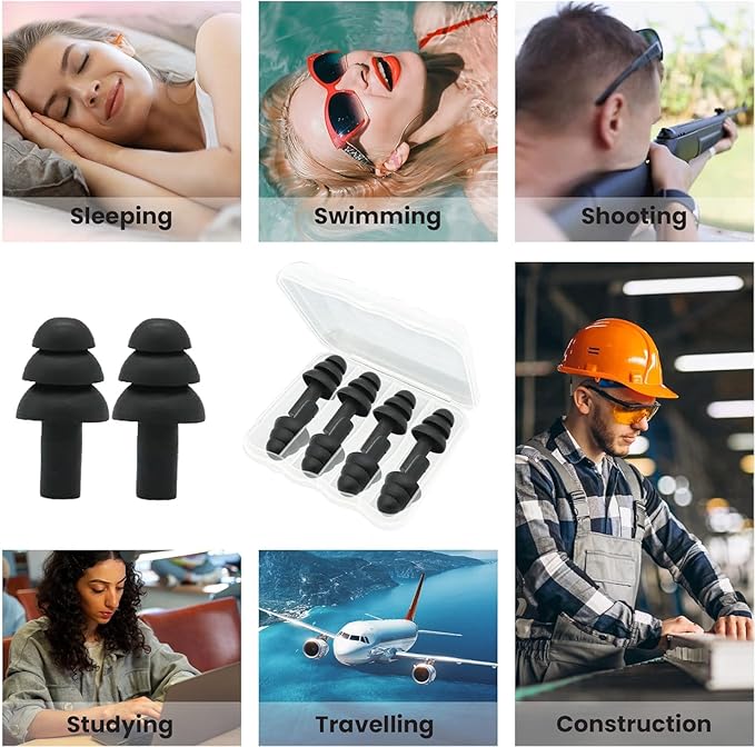 4Pairs Ear Plugs for Sleeping,Soft Silicone Earplugs Noise Cancelling,Black Earplug for Swimming Snoring Concerts Shooting Airplanes.