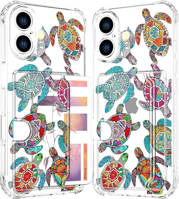 Compatible with iPhone 16 Plus Case Card Holder for Women Cute Design,Wallet Phone Cases Transparent Cool Kawaii Protective (Clear Sea Turtles Animal Tribal)