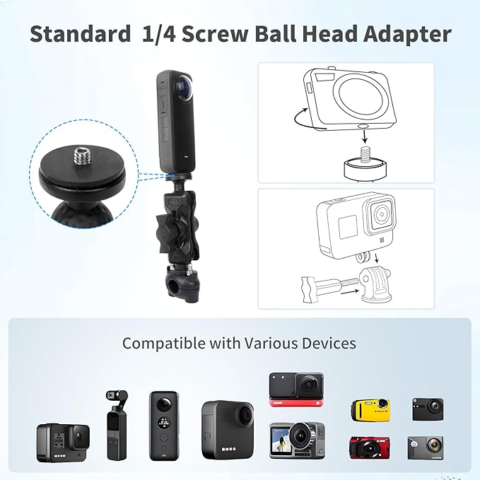 Bike Motorcycle Camera Mount Bundle Kit, 1/4" Screw & Tripod Mount Adapter, 360°Rotating Ball Head Base - Super Clamp Mounting for Most Action Camera, Rearview Mirror(0.35"-0.47") 75015
