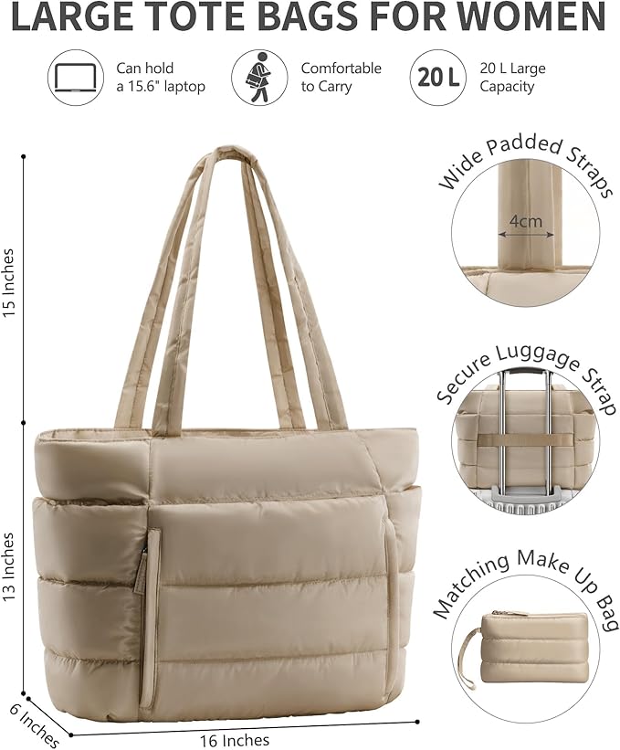 Bagstellar Puffer Tote Bag for Women, Lightweight Puffy Work Handbag Teacher Nurse Quilted Shoulder Bag for School Travel Gym | Cloud Bag w/ Zipper, Daily College Bags, 15.6" Computer Bag, Clinical Nursing Bag, 40 OZ Tumbler Holder, Ideal Gift for Women