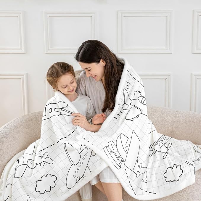 Cartoon Airplane Kids Throw Blanket,Cloud American Aircraft Cute Bed Blanket for Girls Boys Adults,Geometric Grids Patchwork Fleece Blanket,Black White Fuzzy Blanket,Queen Size (90 x 90 Inches)