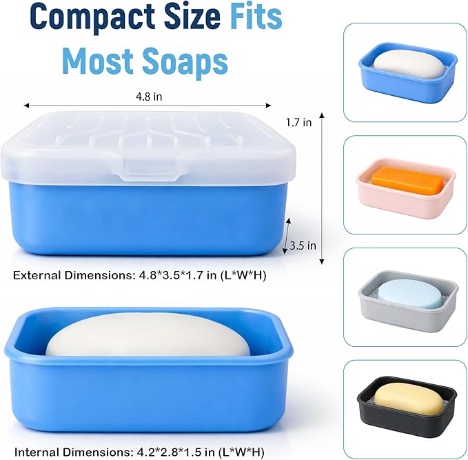 Leakproof Silicone Travel Soap Case: Compact Portable Bar Soap Case with Drainage Layer & Upgraded Lid - 2026 Travel Essentials for Camping, Gym, Shower & Carry-on Bags (Blue)