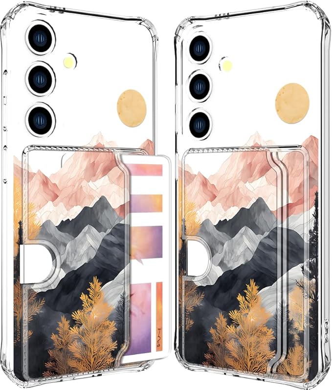 Compatible with Samsung Galaxy S24 / S25 Case Card Holder for Women Cute Design,Wallet Phone Cases Transparent Cool Kawaii Protective (Clear Mountain Hill Landscape)
