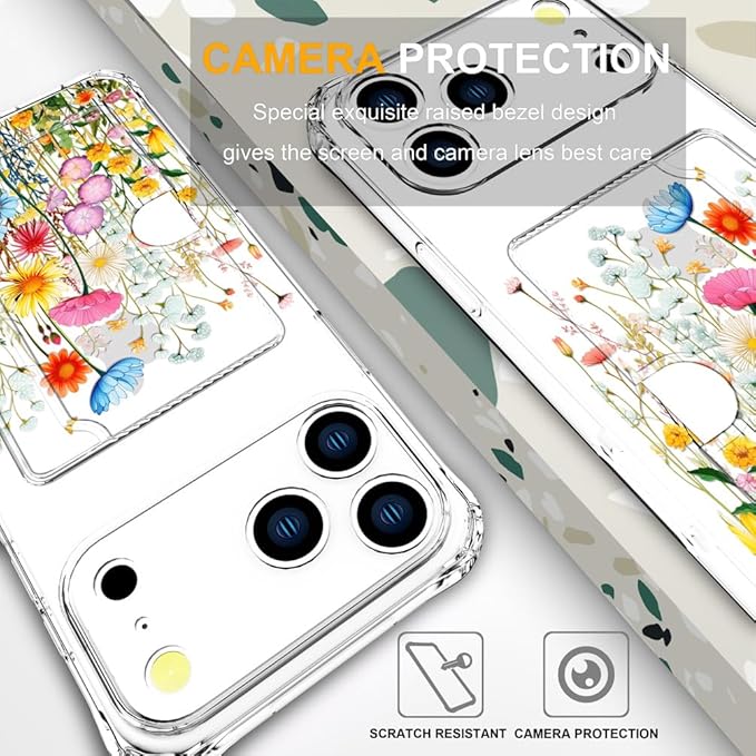 Compatible with iPhone 17 Pro Case Card Holder for Women Cute Design,Wallet Phone Cases Transparent Cool Kawaii Protective (Clear Flowers Herbs Wild Plants)