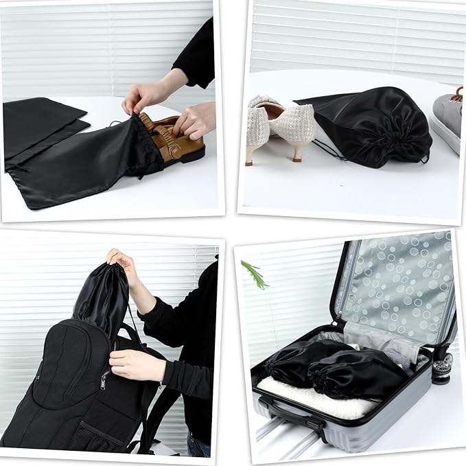 4Pcs Shoe Bags for Travel with Drawstring Closure, Shoe Covers for Travel Home Luggage Storage Shoes Women Men (Black)