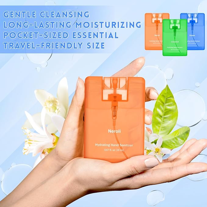 Set of 3 Power Mist Hydrating Hand Sanitizer Spray Bulk Travel Size Quick-drying Hand Sanitizer 0.67 Fl. oz Compact Card Spray Bottle Neroli Ocean Coconut Scent for Adults Summer Party Supplies