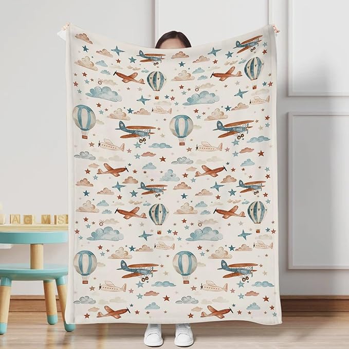 Unisex Plane Hot Air Balloon Prints Baby Nursery Throw Gift Blanket for Boys Girls, Aircraft Transportation Clouds Stars Pattern Swaddle Receiving Bed Blanket for Newborn Toddlers Kids-50x60