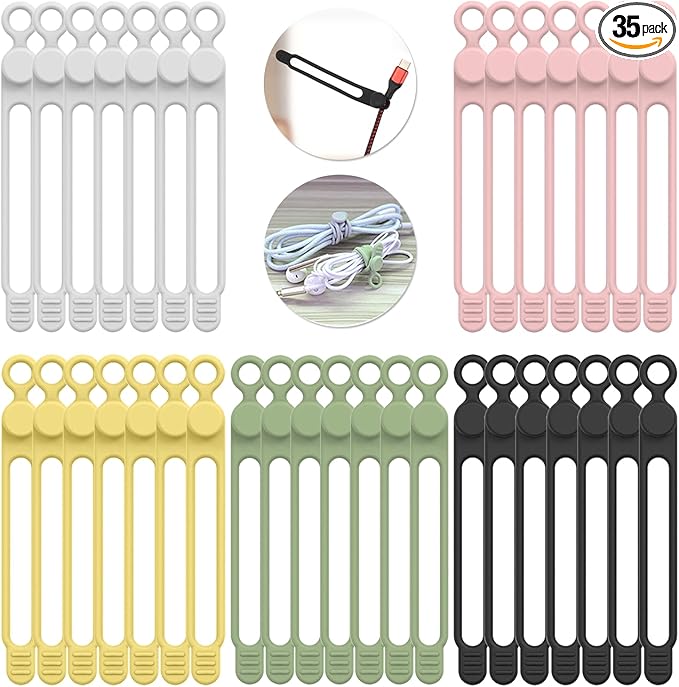 UMUST 35pcs Silicone Cable Ties,Reusable Cable Management Organizer, Wire Ties，Travel Cord Ties，Cord Organizer for Bundling Cable Cords in Home,Office,Kitchen,School(5 Colors)