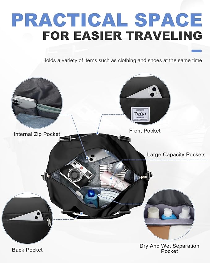 Travel Duffel Bag, 18x14x8 Inches Travel Bag Spirit with Shoes Compartment, Weekender Overnight Bag for Women with Trolley Sleeve, Carry On Bag for Airplanes Sport Tote Gym Bag Black
